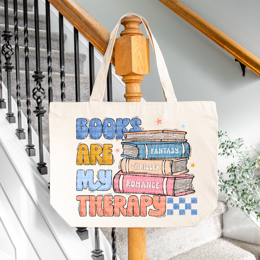 Books Are My Therapy - Large Zippered Tote Bag