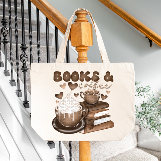 Books & Coffee - Large Zippered Tote Bag